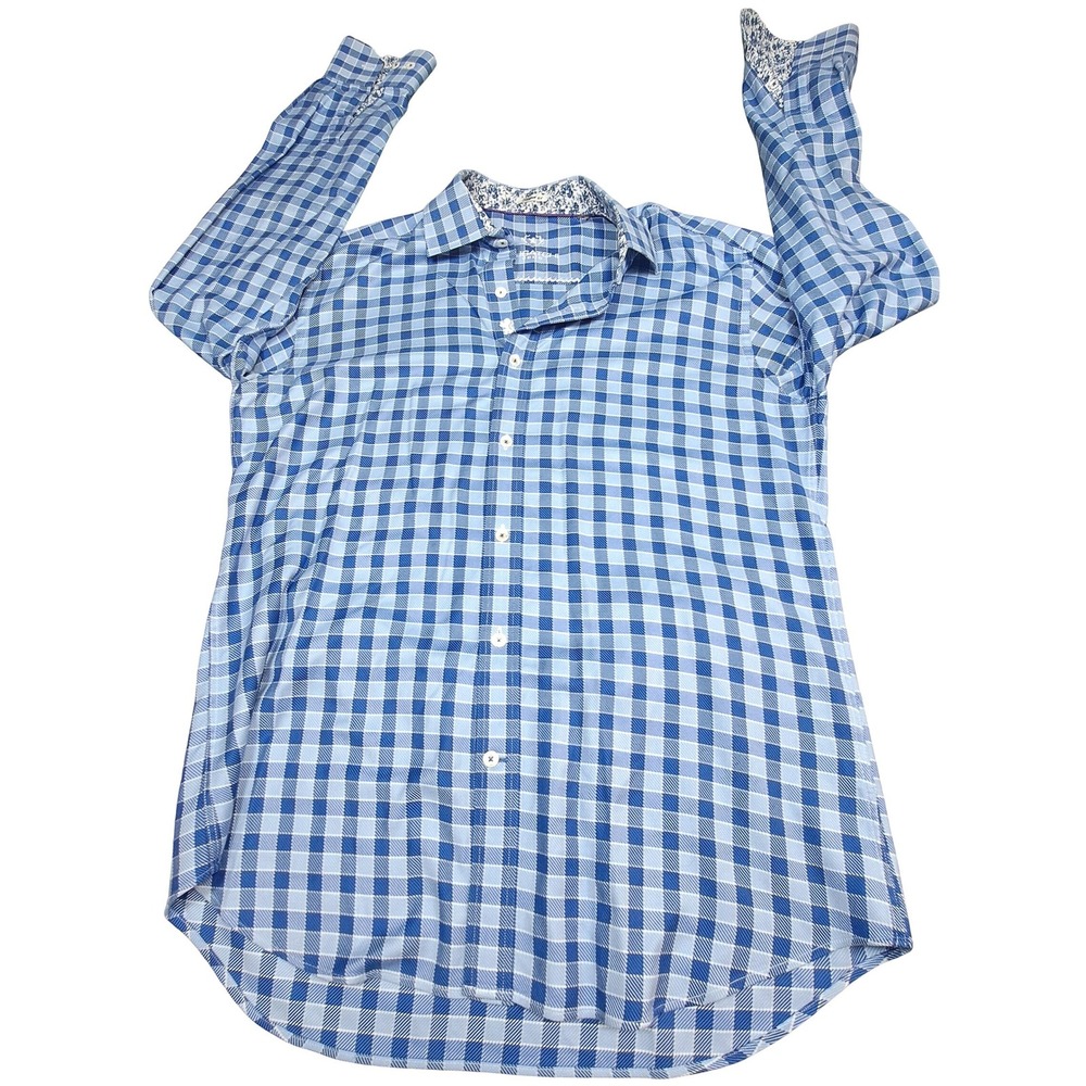 Bugatchi Uomo Mens Blue Gingham Check Shaped Fit Long Sleeve Button Down Shirt